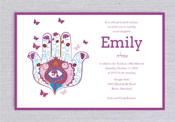 This simple invitation features your event details accented by a Colorful Hamsa Bat Mitzvah Invitation
