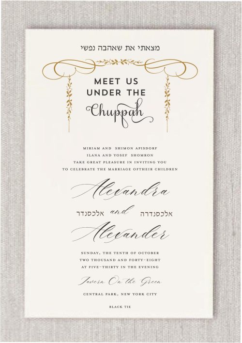 Presenting our Exquisite Floral Chuppah Jewish Wedding Invitation, a masterpiece of sophistication and style. Adorned with a meticulously crafted golden chuppah design and the eloquent heading "Meet Us Under the Chuppah" elegantly scripted, this invitation embodies pure opulence. The names of the bride and groom, intricately presented in both Hebrew and English, add a touch of timeless charm, seamlessly merging tradition with modernity.