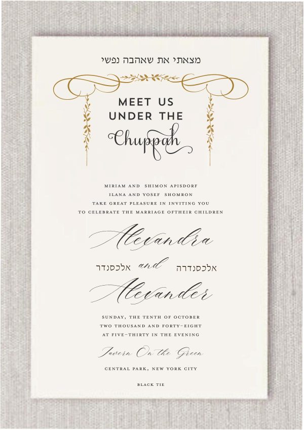 Presenting our Exquisite Floral Chuppah Jewish Wedding Invitation, a masterpiece of sophistication and style. Adorned with a meticulously crafted golden chuppah design and the eloquent heading "Meet Us Under the Chuppah" elegantly scripted, this invitation embodies pure opulence. The names of the bride and groom, intricately presented in both Hebrew and English, add a touch of timeless charm, seamlessly merging tradition with modernity.