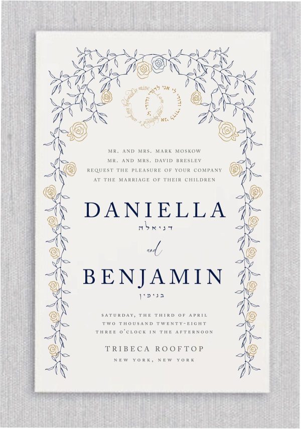 The Natural Gold Roses Chuppah Jewish Wedding Invitations favorite in our Jewish wedding collection. Here, we gave it the modern and natural botanical gold roses and navy leaves treatment, making it the perfect invitation suite for an elegant, contemporary affair.