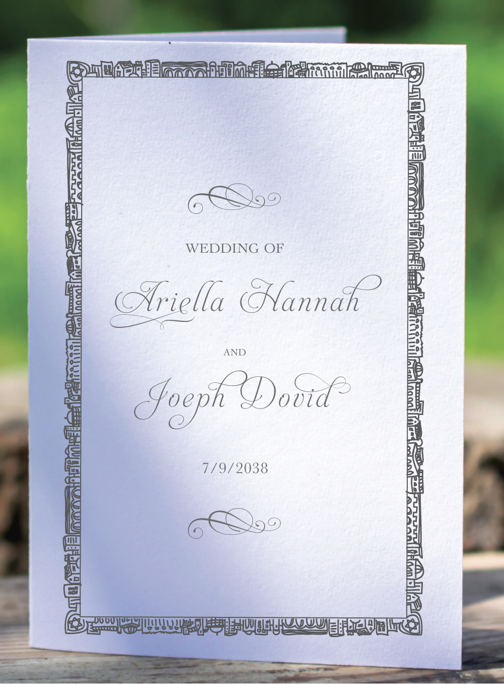 Your customized Jewish Wedding Programs will set your ceremony tone with flair and function. Our traditional open-book style will keep the wedding details organized and easy to follow for your guests. The four-page wedding program will incorporate your invitation design and wedding details explanation: The Wedding Party, In Loving Memory, Ketubah, Bedeken, Chuppah, Circling, Kiddushin, Sheva Brachot, The Breaking of the Glass and the Chuppah.