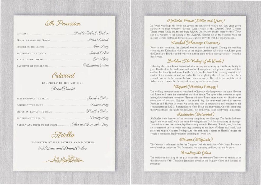Your customized Creative Natural Green Chuppah Jewish Wedding Programs will set your ceremony tone with flair and function. Our traditional open-book style will keep the wedding details organized and easy to follow for your guests. The four-page wedding program will incorporate your invitation design and wedding details explanation: The Wedding Party, In Loving Memory, Ketubah, Bedeken, Chuppah, Circling, Kiddushin, Sheva Brachot, The Breaking of the Glass and the Chuppah.