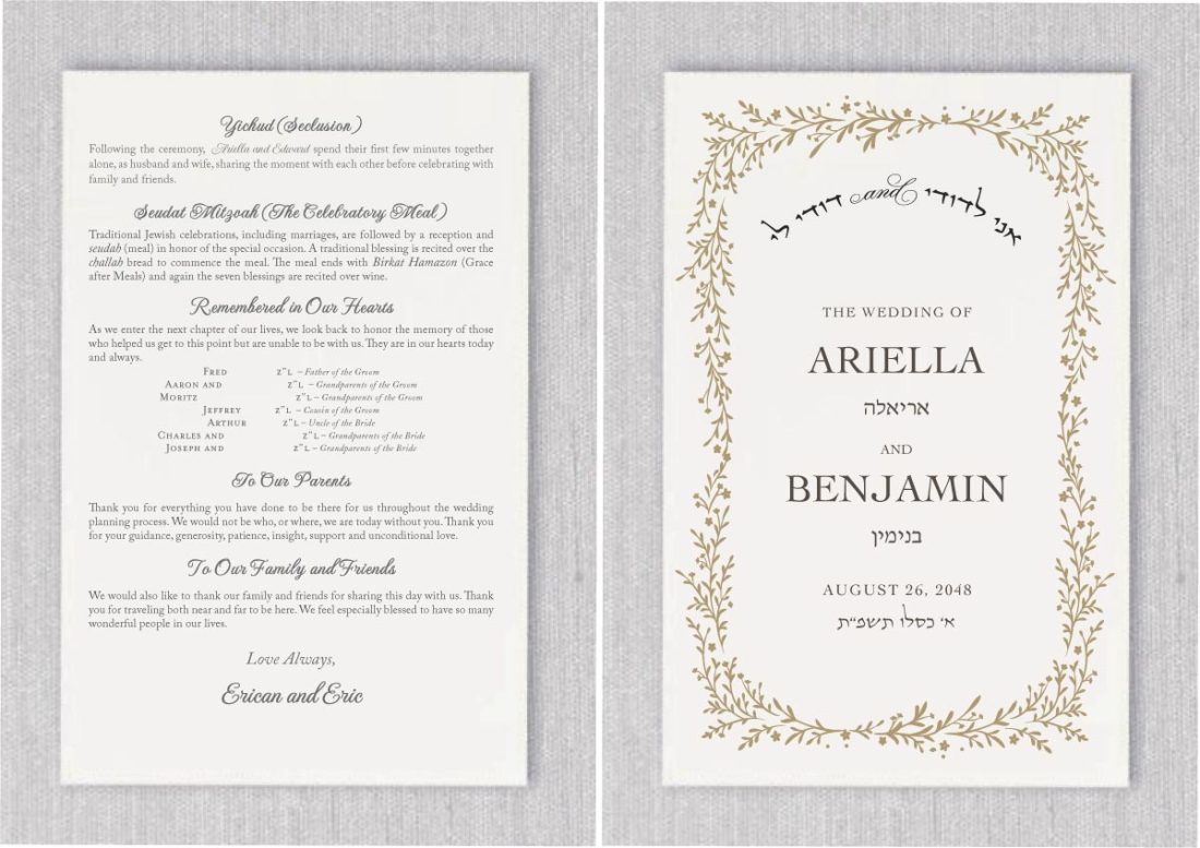 Elevate your wedding ceremony with our bespoke 'Organic Chuppah - Jewish Wedding Programs.' Meticulously crafted, these programs infuse your event with elegance and functionality. Our traditional open-book style ensures your wedding details are impeccably organized, allowing your guests to effortlessly follow every moment of your special day.