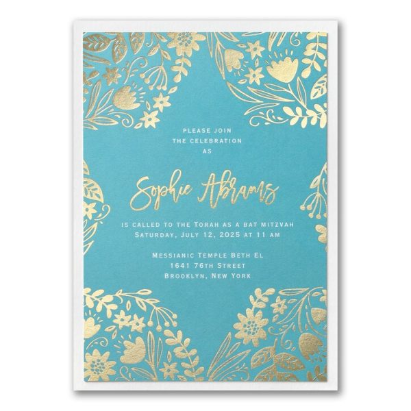 Bat Mitzvah Invitation - Floral Gold Foil Star of David