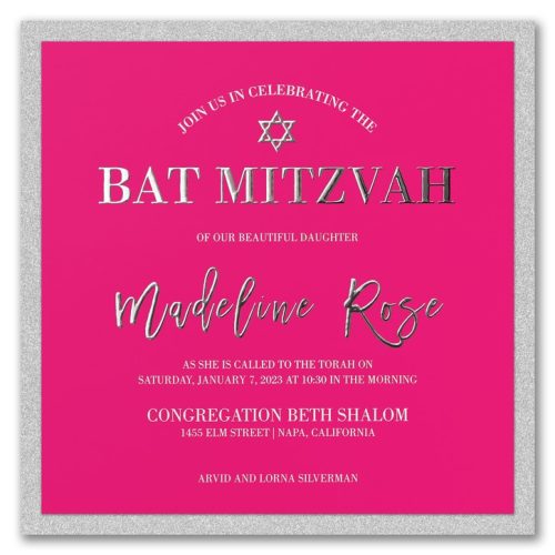 The square shape of the invitation is naturally eye-catching, then pair it with a fresh layout and the modern shine of enhanced raised foil and you have a real jewel of a Bat Mitzvah invitation. The backer creates a sophisticated frame around the entire invitation for a perfect finish.