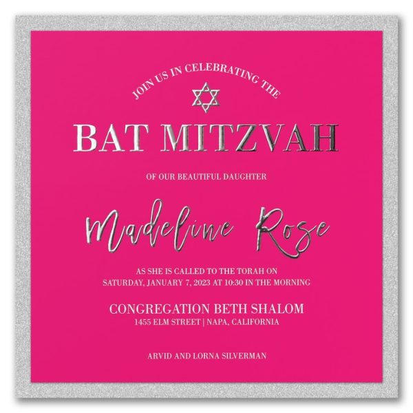 The square shape of the invitation is naturally eye-catching, then pair it with a fresh layout and the modern shine of enhanced raised foil and you have a real jewel of a Bat Mitzvah invitation. The backer creates a sophisticated frame around the entire invitation for a perfect finish.