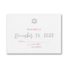 The square shape of the invitation is naturally eye-catching, then pair it with a fresh layout and the modern shine of enhanced raised foil and you have a real jewel of a Bat Mitzvah invitation. The backer creates a sophisticated frame around the entire invitation for a perfect finish.