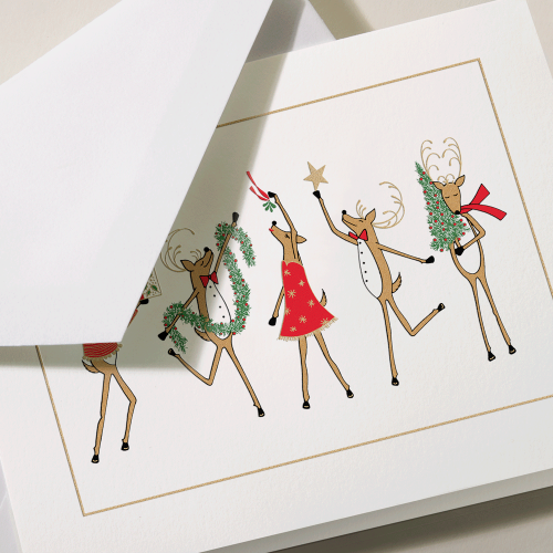 The holiday season is all about celebrating the year gone by and welcoming the one ahead, and these Festive Reindeer have got the idea. They come to life with the rich tones of our digital ink and gold accents, raised up off the pearl white paper. Whether you're near or far, this year your loved ones will know you're raising a glass with them just the same. Personalize inside with your choice of greeting, font & ink color. Or add a pop of color to the envelope by choosing from our assortment of linings.