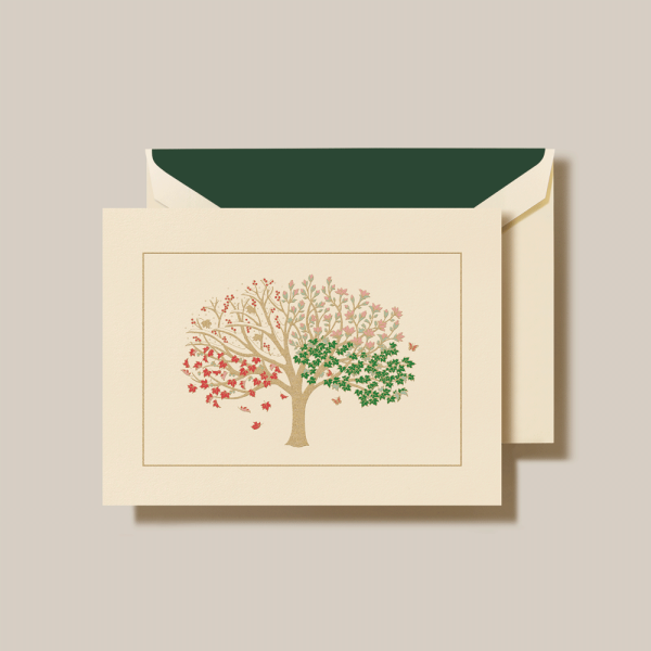 The seasons come full circle in the boughs of this beautifully engraved Four Seasons Card. You'll celebrate the highlights of the year gone by and express well wishes for the seasons to come for everyone who receives this distinctive holiday greeting. Personalize inside with your choice of greeting, font & ink color. Or add a pop of color to the envelope by choosing from our assortment of linings.