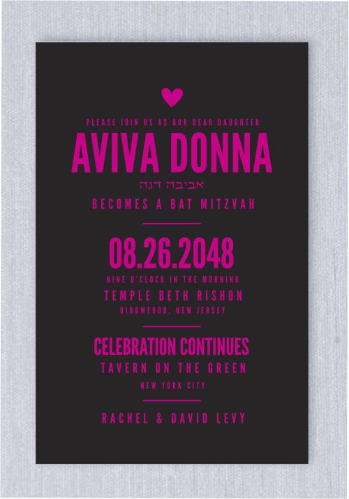 The Impressive Style Charcoal and Hot Pink Evite Paperless Bat Mitzvah Invitation blends modern elegance with bold design to perfectly highlight your Mitzvah details. With your names displayed in a sophisticated, contemporary font, this invitation radiates and style. The striking black background, paired with vibrant hot pink text, creates a visually captivating contrast. Guests will be enchanted by its chic and fashionable aesthetic, making it the ideal choice to reflect the elegance of your celebration.