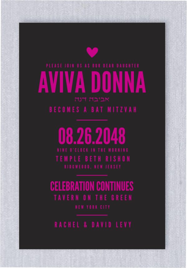 The Impressive Style Charcoal and Hot Pink Evite Paperless Bat Mitzvah Invitation blends modern elegance with bold design to perfectly highlight your Mitzvah details. With your names displayed in a sophisticated, contemporary font, this invitation radiates and style. The striking black background, paired with vibrant hot pink text, creates a visually captivating contrast. Guests will be enchanted by its chic and fashionable aesthetic, making it the ideal choice to reflect the elegance of your celebration.
