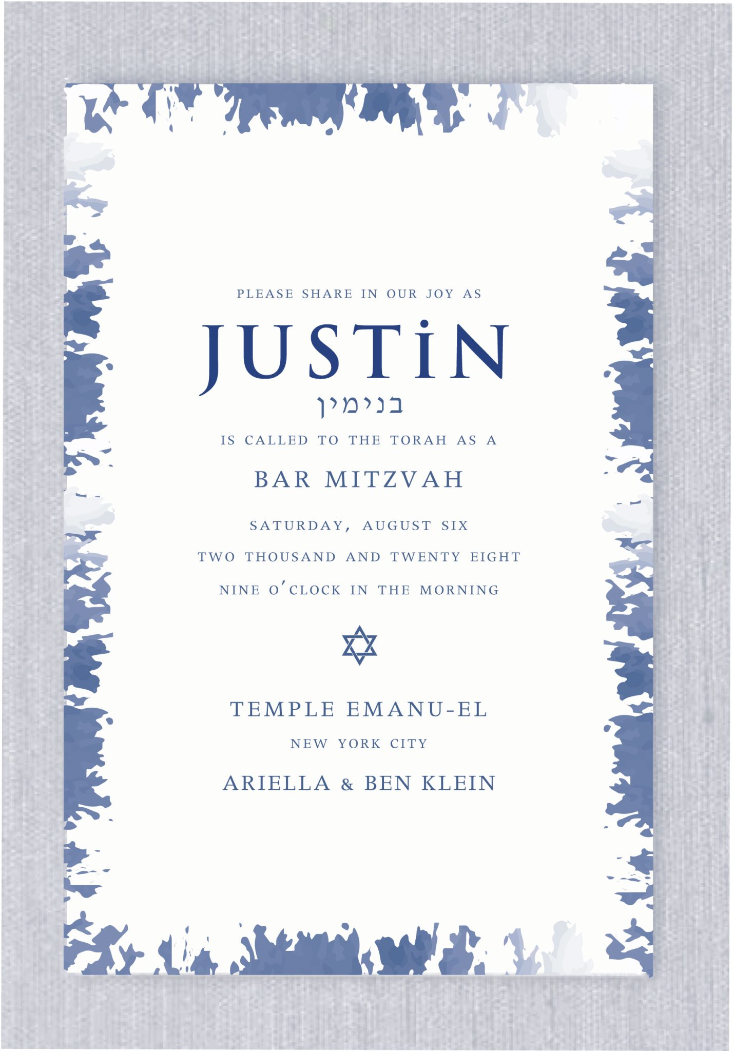 Make a statement with this Modern Watercolor Brushstroke Blue Border Bar Mitzvah Invitation, featuring an artistic brushstroke design in various shades of blue that adds a sophisticated touch. The striking watercolor border beautifully frames this elegant invitation, creating a refined and artistic look. Your names are displayed in a bold, contemporary typeface, positioned beneath the Hebrew name for a thoughtful, balanced layout. This stunning design leaves a lasting impression on your guests, reflecting your impeccable style and attention to detail.