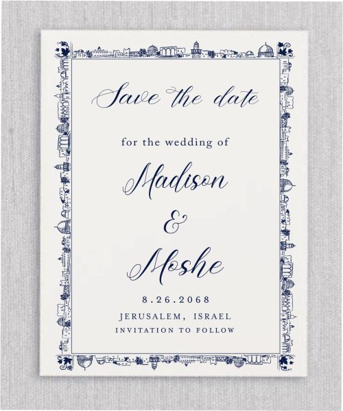Bordered with an artistically-colored “City of Jerusalem” design, this beautiful Around Jerusalem - Jewish Wedding Save The Date Card style will surely capture your heart.