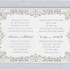 Elegantly simple yet beautiful, this Jewish wedding invitation features a modern brocade design surrounding the bilingual Hebrew and English text. The invitation is carefully divided into two columns—Hebrew on the right and English on the left—making it a perfect choice for a bilingual celebration.