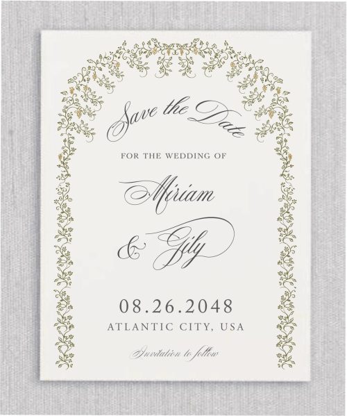 Lush Cactus Chuppah Leaves - Jewish Wedding Save The Date Cards is a steadfast favorite in our Jewish wedding collection. Here, we gave it the “modern green cactus” treatment, making it the perfect save the date suite for an elegant, contemporary garden future affair.
