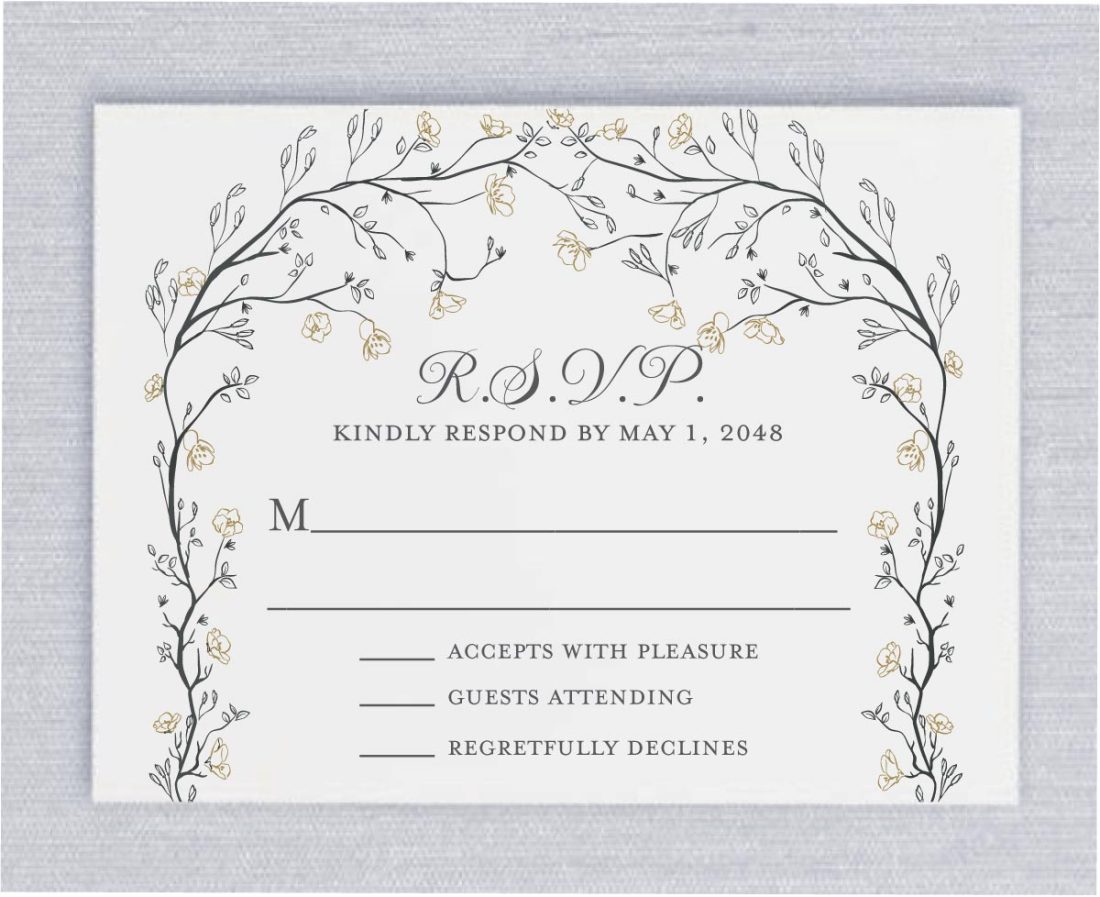 Pretty Gold Roses Chuppah - Jewish Details or RSVP Cards features a gorgeous beautiful Gold roses Chuppah has your details a unique staggered layout while your remaining details are displayed in a classic sans serif.