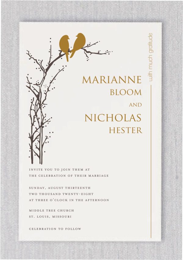 Aligned with Love Wedding Invitations feature an adorable pair of lovebirds perched together on a tree, symbolizing the unity and harmony of your love. This modern design allows you to customize the color of both the charming lovebird silhouette and the text, creating a personalized and meaningful invitation. With its simplicity and elegance, this invitation becomes a sweet, heartfelt expression of your love story, perfectly capturing the essence of your special day.