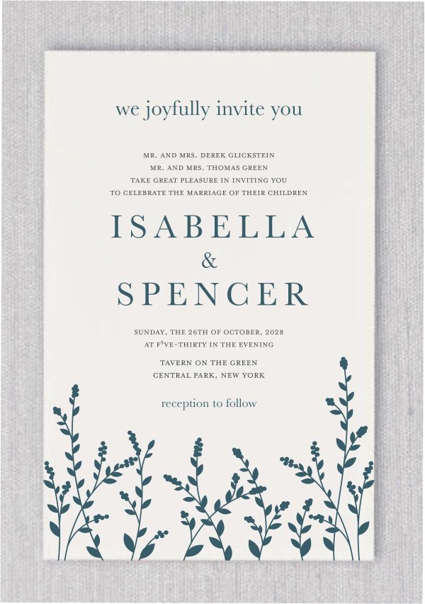 Beautiful Greenery Wedding Invitations feature lush green leaves gracefully framing the bottom of this elegant design. Your names are showcased in a unique staggered layout, while the remaining details are presented in a timeless sans-serif font, creating a harmonious blend of nature and modern sophistication