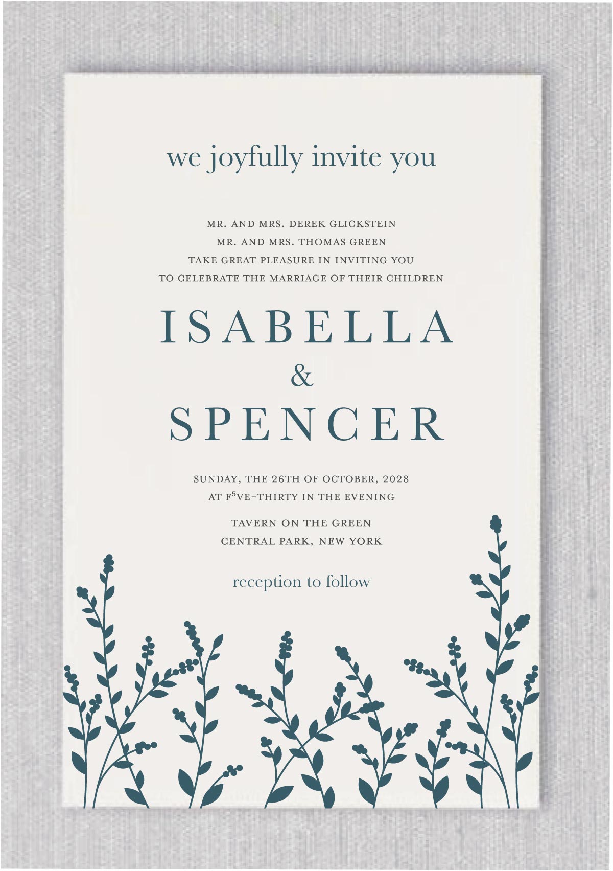 Beautiful Greenery - Wedding Invitations features a gorgeous a beautiful green leaves surrounding this large invitation. Your names in a unique staggered layout while your remaining details are displayed in a classic sans serif. 