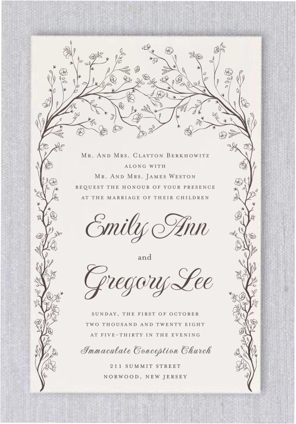 This dreamy wedding invitation showcases a stunning wedding canopy design, adorned with delicate etchings of florals and leaves. Surrounding your wedding details in elegant script, this invitation beautifully highlights your names in fancy, refined typography. Perfect for couples seeking a blend of tradition and elegance, this wedding invitation will leave a lasting impression on your guests. Admire the sophisticated style that embodies your love and celebration.