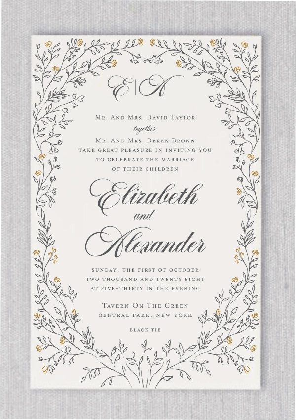 Golden Tree of Life Wedding Invitations showcase an elegant, intricately etched golden tree, with delicate branches and flowers symbolizing life, gracefully framing your wedding details. Your names are elegantly displayed in a sophisticated font, adding a personal touch that will leave guests admiring your refined style