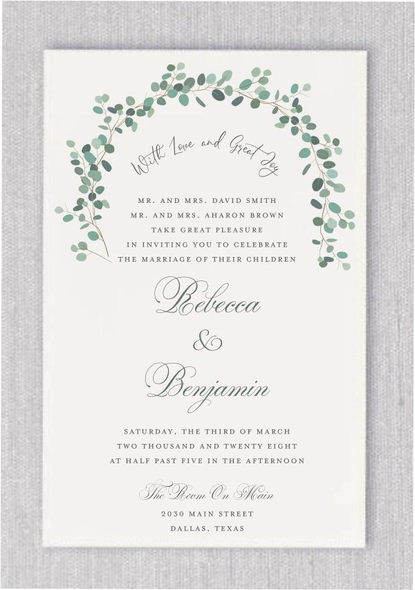 Modern Green Leaf Arch Wedding Invitations feature a striking design inspired by the timeless beauty of nature. A sleek, minimalist arch of lush greenery gracefully encircles your wedding details, evoking the image of a wedding canopy—a sacred space where love and tradition come together. This elegant design beautifully showcases your names in a sophisticated, flowing script, adding a touch of charm and refinement to the invitation. The combination of natural beauty, meaningful symbolism, and modern style creates an invitation that will captivate your guests, offering them a glimpse of the elegant celebration to come. With its perfect balance of simplicity and elegance, this invitation reflects your love, setting the tone for an unforgettable wedding day filled with grace and warmth.