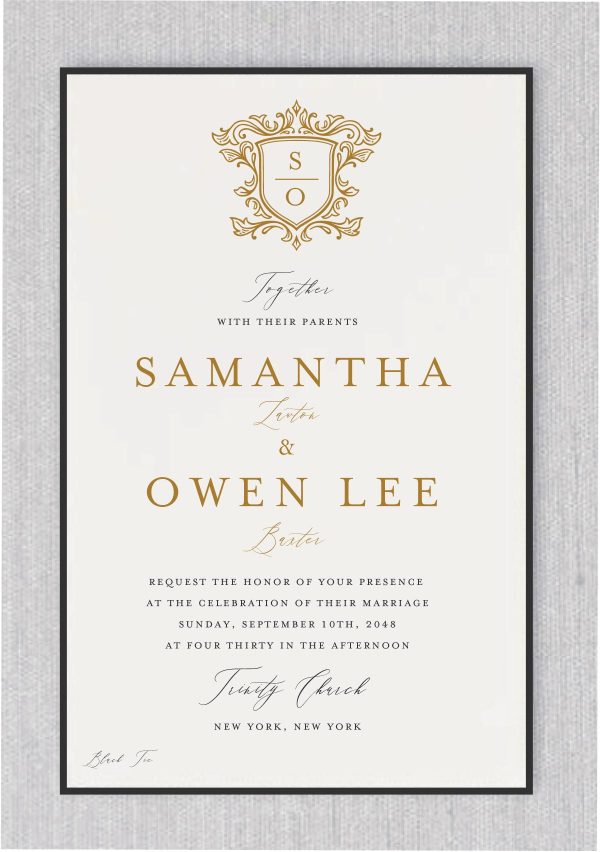 A stunning wedding invitation featuring a beautifully crafted monogram, intricately surrounded by elegant golden leaves that add a touch of nature’s grace. The gold accents shimmer delicately, creating a luxurious and timeless feel. The text, written in contemporary, sleek fonts, contrasts perfectly with the ornate design, ensuring that it stands out clearly and with modern sophistication. This combination of traditional elements with a modern twist creates an invitation that is both refined and striking, capturing the essence of the couple’s style while offering an invitation that is truly memorable and eye-catching.