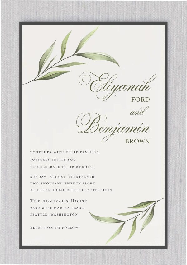 Modern Watercolor Leaves Wedding Invitation beautifully combines nature's elegance with sophisticated design. Soft, flowing watercolor leaves surround the details of your wedding celebration, creating a graceful frame that reflects the beauty of your union. Your names are elegantly displayed in a refined, fancy type, adding a personal touch that captures the essence of your love. With its harmonious blend of modern artistry and timeless elegance, this invitation is sure to leave a lasting impression, showcasing your impeccable style and setting the tone for your memorable celebration.