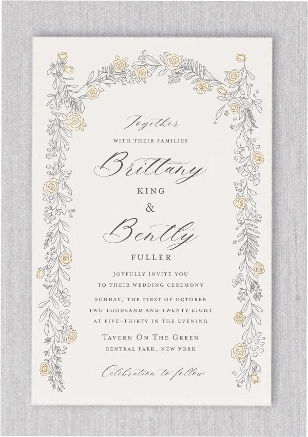 Pretty Gold Roses Arch Wedding Invitations offer a stunning blend of simplicity and elegance, featuring a graceful arch of intricately designed gold roses that delicately frame your wedding details. The luxurious gold tones create a timeless, refined look, while the elegant floral arrangement adds a touch of romance to the invitation. Your names are beautifully displayed in a fancy, sophisticated font, elevating the overall design and making a lasting impression. This invitation captures the essence of your love with its balance of classic beauty and modern sophistication, ensuring your guests will admire your impeccable taste and elegant style.