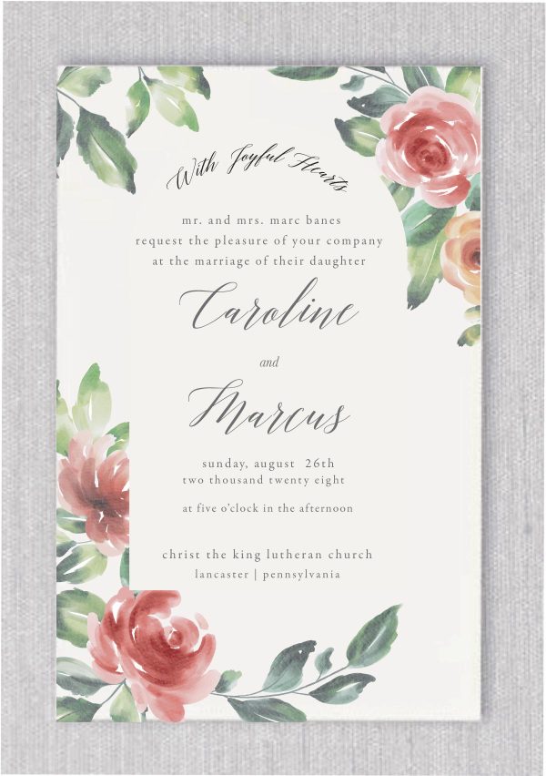 This dreamy Romantic Garden Wedding Invitation exudes charm and elegance, with soft watercolor florals and delicate leaves gently surrounding your wedding details. The design evokes the beauty of a lush garden in full bloom, creating a serene and romantic atmosphere for your special day. At the top corner, the phrase "With Joyful Hearts" is elegantly written in a graceful script, adding a personal and heartfelt touch to the invitation. This captivating design blends natural beauty with sophisticated style, making it the perfect choice for a romantic celebration that will leave a lasting impression on your guests.