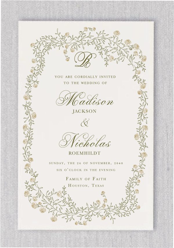 Wedding Invitations – Romantic Roses effortlessly capture the essence of love, sophistication, and timeless beauty. Adorned with delicate, elegant roses, this design creates a soft and refined frame around your wedding details, bringing an air of romance to every word. The graceful simplicity of the floral accents, combined with their intricate artistry, enhances the overall elegance of your invitation. Your names are elegantly displayed in a refined, fancy type, adding a personal and sophisticated touch that perfectly complements the design. This exquisite blend of romance and grace sets the perfect tone for your celebration, leaving guests in awe of your impeccable style and the attention to detail in every aspect of your special day.