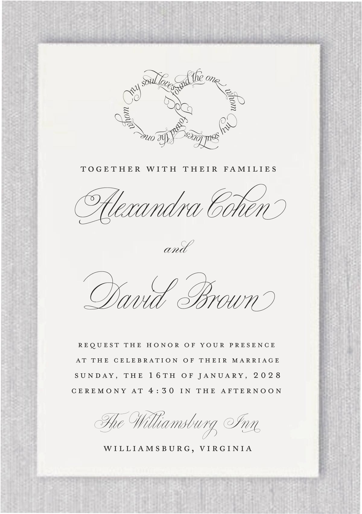 This invitation is simple but elegant! Simply to Impress Wedding Invitation is a simple but elegant style wedding invitation with the logo “I found the whom my soul delight” in a shape of wedding rings and decorates this stunning wedding invitation. Your guests will admire your style.