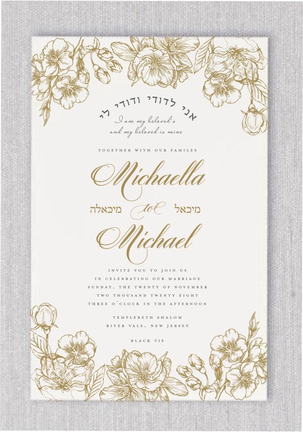 The Vintage Floral – Jewish Wedding Invitation stands out as a favorite in our collection, featuring a golden border and intricate gold flowers. We've given it the 'Fancy Elegant Golden Affair' treatment, transforming it into the perfect invitation suite for an elegant, contemporary, and sophisticated affair. Beneath the vintage gold flowers, the sentiment 'I am my beloved and my beloved is mine' is printed in both Hebrew and English, while the names of the bride and groom are elegantly presented in gold and fancy typography. This invitation is ideal for Jewish couples seeking a vintage and luxurious touch to their special event.