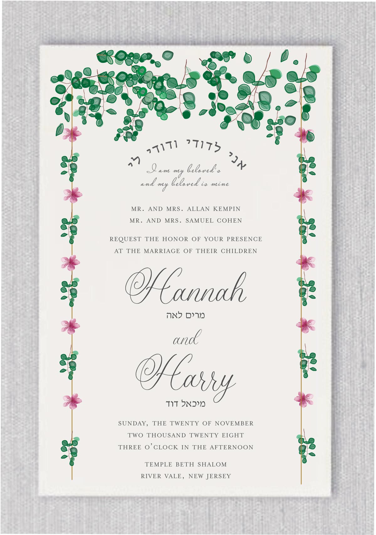 Watercolor Greenery Chuppah – Jewish Wedding Invitation is a perfect blend of modernity and tradition. The invitation features a beautifully hand-drawn chuppah with striking flowers and greenery leaves adorning the sides of the wedding invitation. The text “I am my beloved’s and my beloved is mine” is arch designed in both Hebrew and English, showcasing the essence of a Jewish wedding.