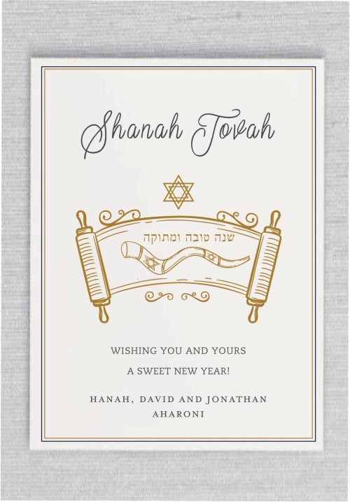 "Shanah Tovah! Celebrate the start of a beautiful Jewish New Year with this heartfelt card that captures the essence of Jewish traditions. The elegant image of the Torah scroll, the iconic contemporary Star of David, and the soulful of Shofar all come together to symbolize strength, wisdom, and hope for the new Jewish New Year. The card proudly displays the greeting 'Shanah Tovah' in both Hebrew and English, infusing it with a touch of authenticity. Personalize this card with your name, and share the joy and blessings of Rosh Hashanah with your loved ones."