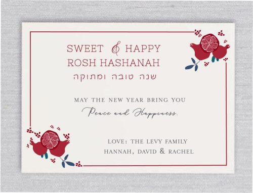Celebrate the sweetness of the Jewish New Year with our beautifully designed Rosh Hashanah cards designed with our magnificent bunch of pomegranates with their vibrant colors, which symbolize the abundance and sweetness that Rosh Hashanah represents in the corners of the card. The elegant pomegranates, create a harmonious symbol of unity and growth.