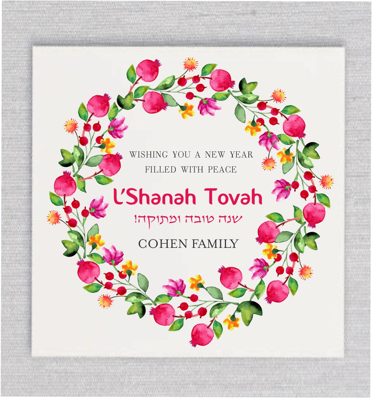 This Jewish New Year in style with our beautifully crafted cards featuring a vibrant watercolor pomegranate wreath design. The intricate details and vivid watercolor create an eye-catching display, symbolizing abundance and good fortune for the Jewish New Year ahead.