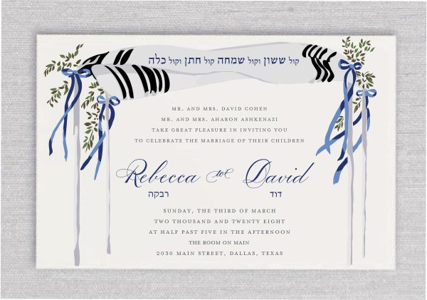 Elegant Jewish Wedding Invitations: A Tapestry of Tradition and Love Our Jewish Wedding Invitations, adorned with a Chuppah wrapped in a Tallit, weave a beautiful narrative of tradition, unity, and love. Kol Sasson v'Kol Simcha: At the heart of this invitation, in elegant Hebrew script, we present the phrase "Kol Sasson v'Kol Simcha." Translated, it means "The voice of joy and the voice of celebration." This sacred verse is sung with joy under the chuppah, right after the breaking of the glass, signifying the jubilant beginning of a lifelong journey together. Bride and Groom in the Spotlight: The names of the bride and groom take center stage, delicately highlighted in a fancy script font that exudes timeless elegance. Below, their Hebrew names are lovingly showcased, connecting the invitation to their rich heritage. Colors of Tradition and Promise: The Chuppah, colored in the purest white and the deep blue of the Israeli flag, represents the enduring ties to heritage and the promise of a future filled with shared dreams. It stands as a beacon of unity, much like the nation of Israel itself.