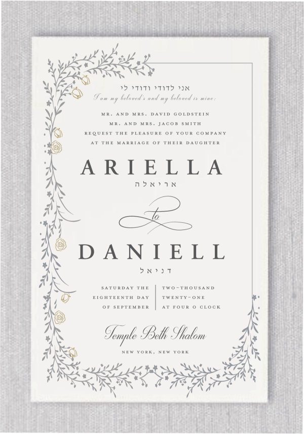 Elegance Jewish Wedding Invitation: Delicate Branches & Gold Roses Jewish Wedding Invitation Step into a world of beauty with our Delicate Branches & Gold Roses Jewish Wedding Invitation. This artistry invitation combines classic motifs with contemporary elegance to create a Jewish invitation that beautifully captures the essence of a Jewish wedding. At the forefront of this invitation, a delicate arrangement of silver branches gracefully encircles the card. Gold-etched roses, meticulously placed, add an aura of sophistication and romance, infusing each detail with grace and charm. Atop the card, in ornate script, the phrase "I am my beloved and my beloved is mine" adds a touch of poetic sentiment. In Hebrew, it's beautifully translated as "Ani L'Dodi V'Dodi Li," a declaration of love and commitment that resonates through generations. But it's not just words that make this invitation special. The names of the bride and groom, are prominently and elegantly displayed, a contemporary design to this traditional piece. This invitation is more than just an introduction to a wedding; it's a work of art that will be cherished forever.