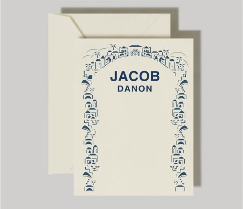 Joy in Jerusalem Thank You Cards: Personalized Stationery Discover the art of gratitude with our Elegant Joy in Jerusalem Thank You Cards, a personalized stationery that adds a touch of sophistication to your expressions of appreciation. Jerusalem border in Navy: At the heart of these cards lies an enchanting Jerusalem border in deep, regal navy. This iconic cityscape evokes a sense of timeless beauty and spirituality, providing a sublime backdrop for your heartfelt thanks. Elegant Card Design: More than mere notes, our Jewish personalized thank you cards are a statement of refined taste. Each card exudes elegance, transforming your message into a small work of art, destined to be treasured by its recipient.