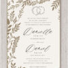 Introducing our exquisite Leafy Branches Jewish Wedding Invitations! This beautifully designed invitation showcases delicate leafy branches gracefully adorning three sides of the card, adding a touch of natural elegance in platinum ink. To highlight the names of the bride and groom, we've chosen a sophisticated script font that imbues a timeless charm. Alongside the English names, the Hebrew names will also be prominently displayed, ensuring the celebration truly honors Jewish traditions. For the heading, we've carefully selected the phrase "I am my beloved's and my beloved is mine" in both Hebrew and its English translation, beautifully shaped as a wedding ring. This choice adds a profound sense of joy and meaning to your Jewish celebration, capturing the essence of the love and happiness that will be shared on your special day."