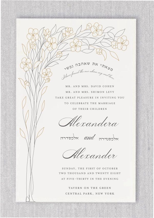 Introducing Our Bridal Bouquet: An Exquisite Jewish Wedding Invitation that Marries Modernity and Tradition with a Fresh, Luxurious Design. The Stunning Blend of Gold and Dark Smoke Blooms Represents the Eternal Bond of Love. The Graceful Hebrew Text, ‘I Have Found the One Whom My Soul Loves,’ Masterfully Crafted in Both Hebrew and English, Radiates Elegance and Profundity, Capturing the Essence of Jewish Matrimony. This Invitation Seamlessly Integrates the Beauty of Nature with the Endless Growth of Marriage, Creating a Symbolic Tapestry. Elevate Your Celebration with this Artistic Masterpiece, Crafting an Unforgettable Prelude to Your Joyous Occasion.