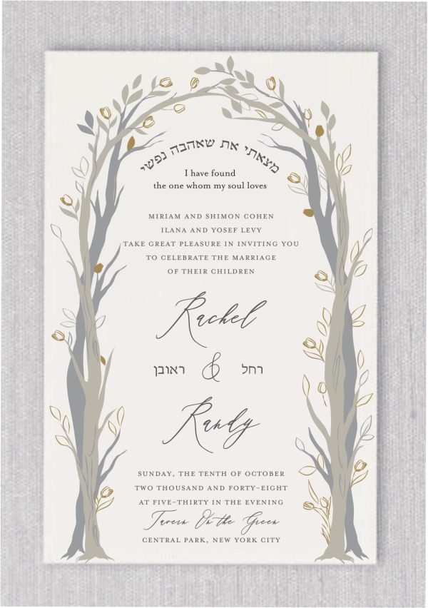 Introducing Our Exquisite "Under The Trees - Jewish Wedding Invitation, where two trees gracefully converge into one, symbolizing the harmonious union of two lives and Unity in Nature. This invitation is a work of art, seamlessly fusing the beauty of nature with the elegance befitting a Jewish wedding celebration. Adorning the top of the invitation is the Pasuk: "Matzati Eit Shehavah Nafshi" in both English and Hebrew script. The names of the bride and groom are delicately presented in both Hebrew and English, adding a personal touch to this enchanting invitation.