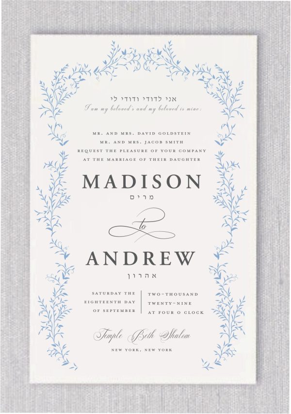 Introducing our 'Chuppah' Jewish Wedding Invitation—simple yet stunning. Delicate chuppah designs, featuring etched leaves in hydrangea color, grace the invitation. At the top, a meaningful passage adorns the card: 'I am my beloved's, and my beloved is mine,' echoed in Hebrew as 'Ani Ledodi V'dodi li.' The names of the bride and groom are elegantly presented in both Hebrew and English in contemporary print, adding an extra layer of style. Experience the personal touch and enchantment of this beautiful invitation.