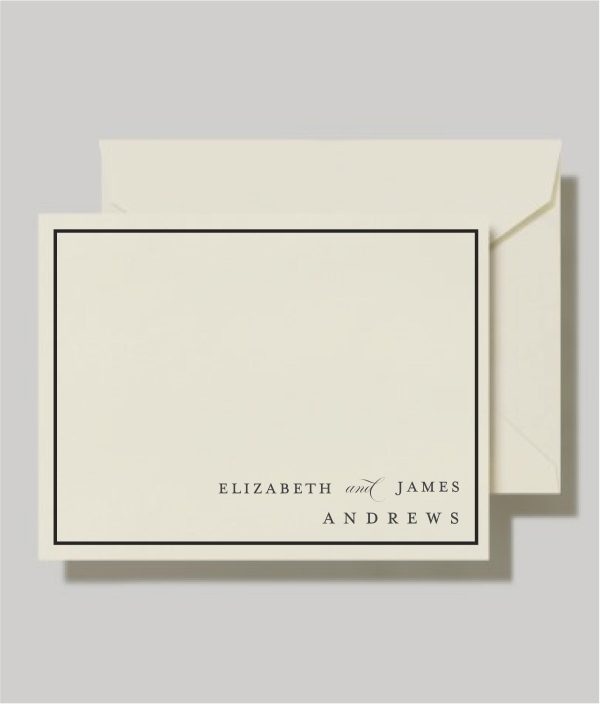 "Elegant and Simple Thank You Cards, featuring meticulously crafted serif font names and scripted 'and'. Printed on 130lb cardstock and paired with 80lb envelopes, these cards exude sophistication. Elevate their beauty with optional antique gold, navy, or black liners for a stunning note set. Sized at 5.5 x 4.25 inches for the flat card and euro flap envelopes."