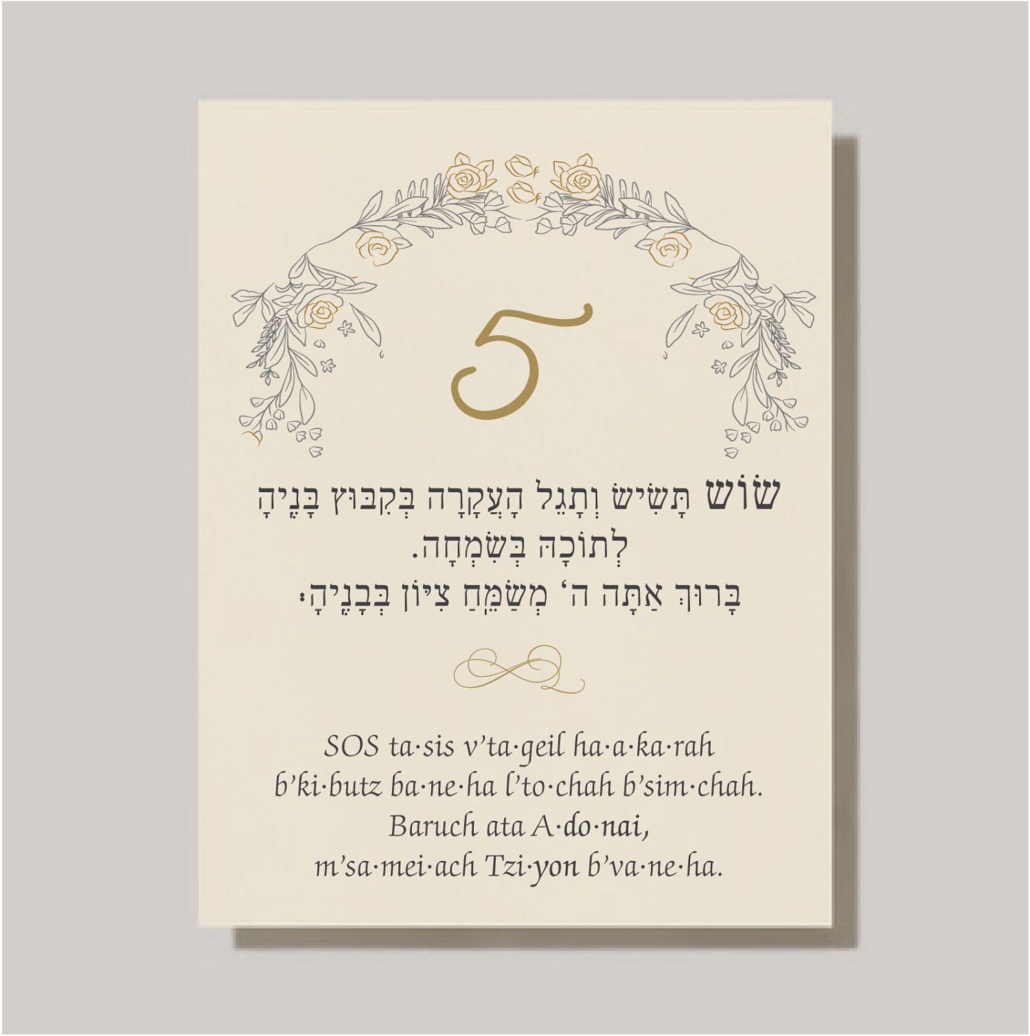 We are introducing our new Sheva Brachot (The Seven Blessings) cards! The Pretty Gold Roses Chuppah - Sheva Brachot / Seven Blessings cards are an absolute must-have for anyone planning a Jewish wedding ceremony. The Sheva Brachot, also known as the Seven Blessings, holds significant meaning and is at the heart of the Chuppah. Our cards beautifully capture the essence of these Wedding Wishes - Sheva Brachot/Seven Blessings Jewish Wedding blessing, making them ideal to give to friends and family members who will be reciting them under the Chuppah. With easy-to-read Hebrew and transliteration English, everyone can easily follow along and fully embrace the meaning behind each blessing.