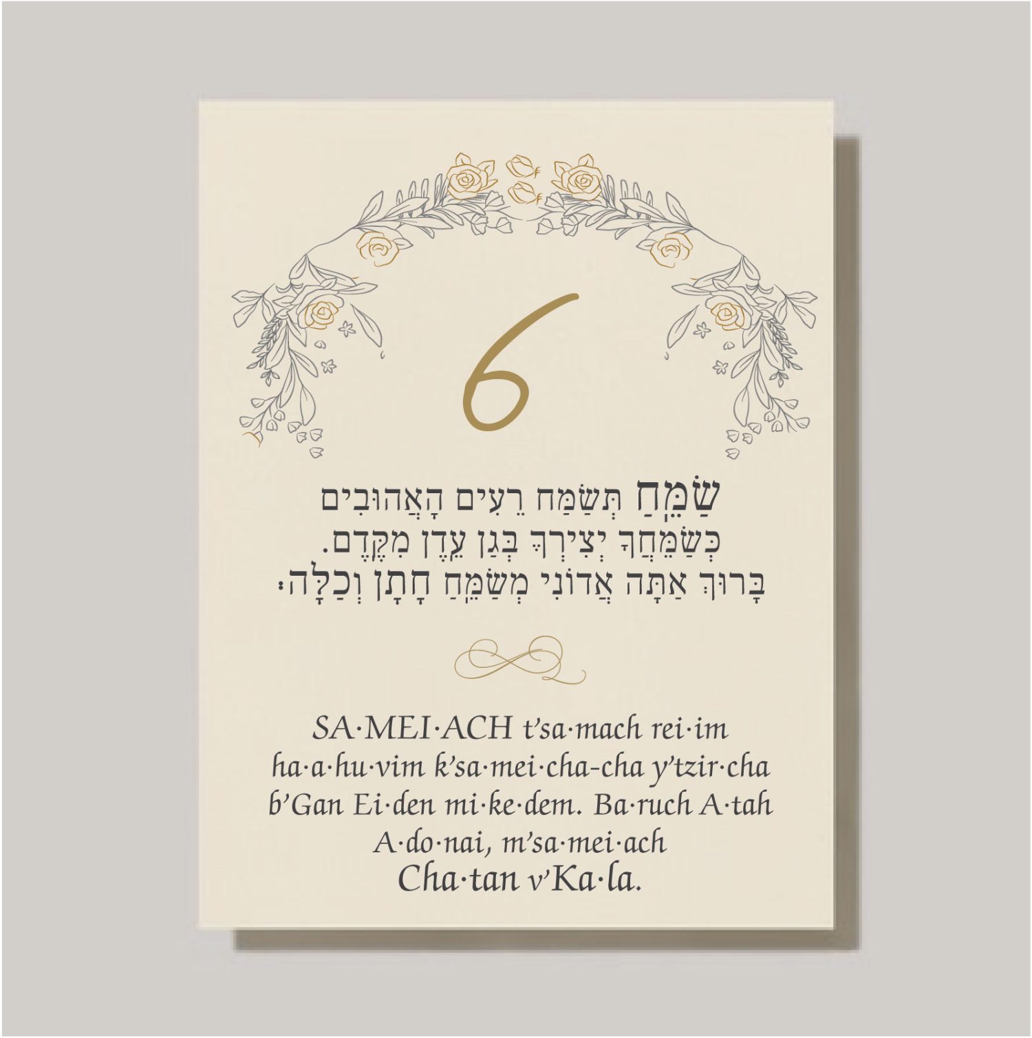 We are introducing our new Sheva Brachot (The Seven Blessings) cards! The Pretty Gold Roses Chuppah - Sheva Brachot / Seven Blessings cards are an absolute must-have for anyone planning a Jewish wedding ceremony. The Sheva Brachot, also known as the Seven Blessings, holds significant meaning and is at the heart of the Chuppah. Our cards beautifully capture the essence of these Wedding Wishes - Sheva Brachot/Seven Blessings Jewish Wedding blessing, making them ideal to give to friends and family members who will be reciting them under the Chuppah. With easy-to-read Hebrew and transliteration English, everyone can easily follow along and fully embrace the meaning behind each blessing.
