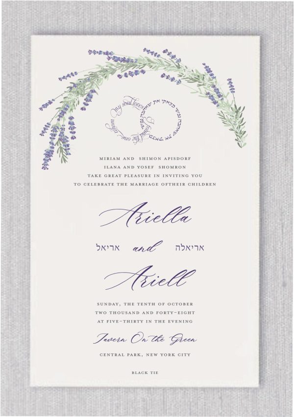 Presenting our Elegant Bluish Flower Wedding Invitation, perfect for a contemporary and chic wedding. Featuring captivating bluish flowers and accents of dark smoke and plum, complemented by the beautiful verse 'I found the one my soul loves' in both English and Hebrew, symbolically shaped as wedding rings, it radiates sophistication and creates a romantic ambiance. The bride and groom's names are elegantly displayed in script fonts, along with their Hebrew names. Your guests are sure to be impressed, setting the tone for an unforgettable celebration