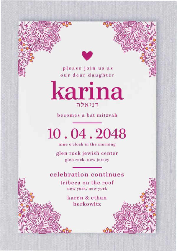 The invitation features luxurious hot pink flowers, exuding opulence, while contemporary touches infuse modern elegance. Large, vibrant flowers adorn the corners, adding a dynamic flair. In the center, the bat mitzvah details are presented in sleek, contemporary typeface, ensuring clarity and sophistication. The bat mitzvah girl's name takes prominence, displayed prominently in large type beneath her Hebrew name, offering a personal touch to the design.