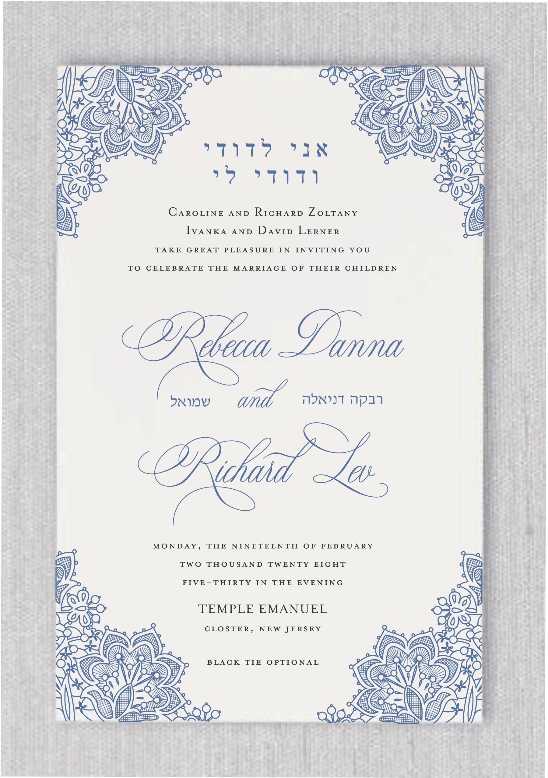Introducing our exquisite Luxury Floral Jewish Wedding Invitation, adorned with opulent hydrangea flowers delicately placed in each corner, exuding timeless elegance. Infused with contemporary touches, this design seamlessly merges tradition with modernity. Vibrant blooms grace the corners, adding a dynamic allure to the invitation. At the heart of the design, the wedding details are meticulously presented in a sleek, contemporary typeface, ensuring clarity and sophistication. Above, the profound words "I am my beloved and my beloved is mine" are elegantly inscribed in Hebrew, standing as a testament to the sacred union. The names of the bride and groom, both in Hebrew and English, are artfully rendered in fancy, elegant typefaces, adding a touch of refinement to this truly captivating invitation.
